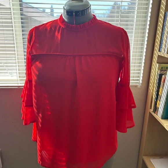Monteau Vibrant Red Blouse with Bell Sleeves - Picture 2 of 8